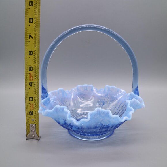 Fenton Glass Bride Basket Raffled Lavender Blue Opalescent Cabbage Rose Vintage - Picture 8 of 8